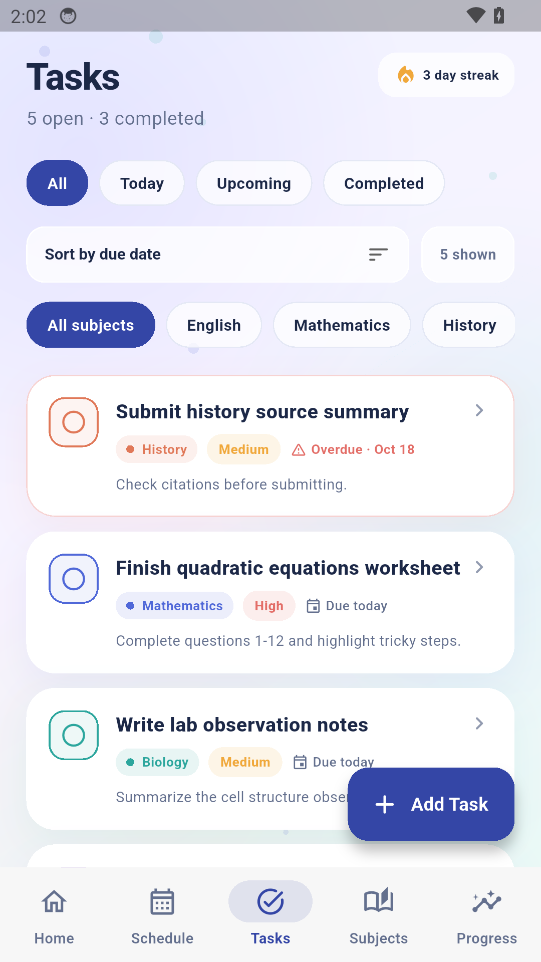 BrightEdu Planner tasks screen